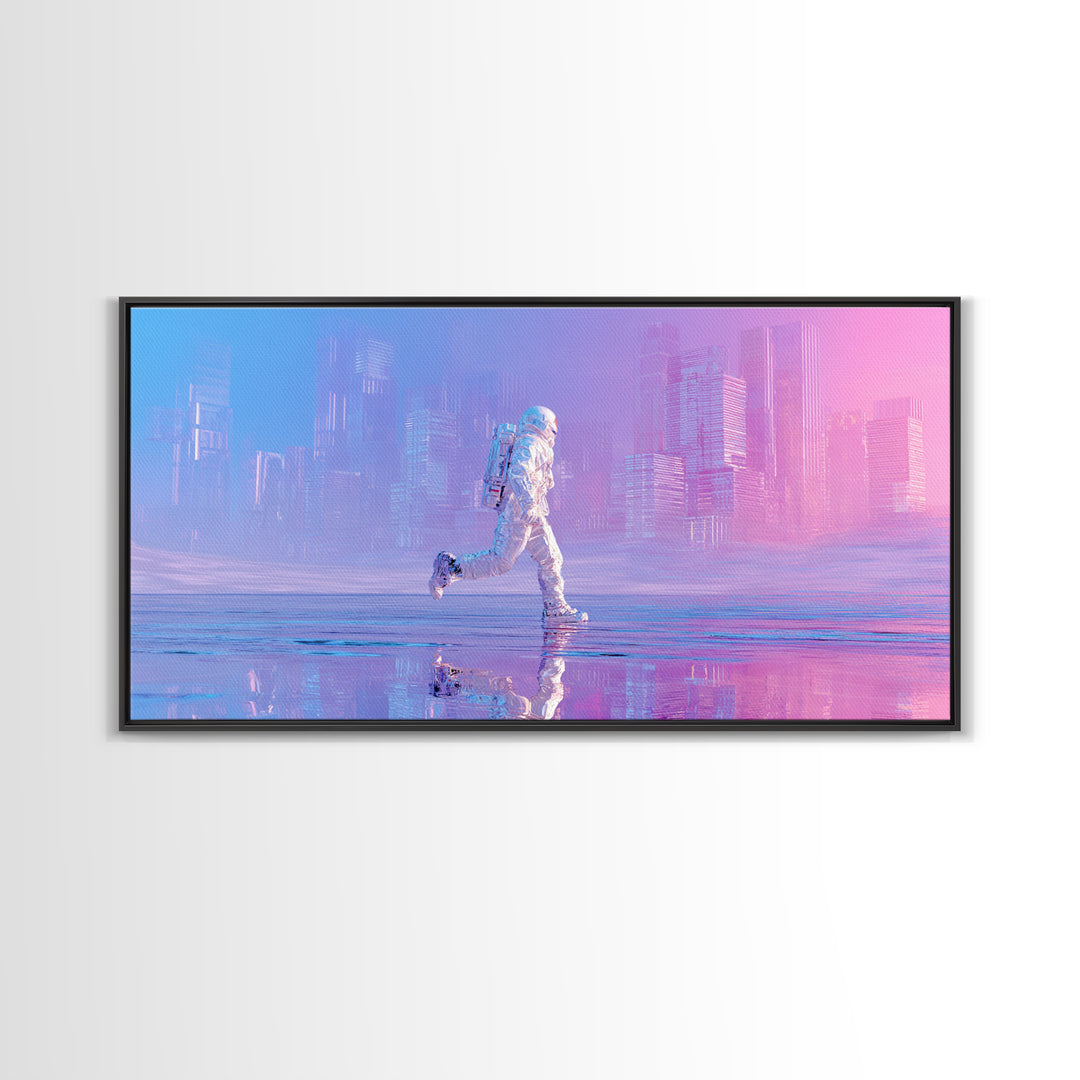 Silver Astronaut Walking Through Neon Desert Canvas Print, Futuristic Art, Victorian Decor, Living Room Decor, Fine Art, Future, FUT-2x1-49
