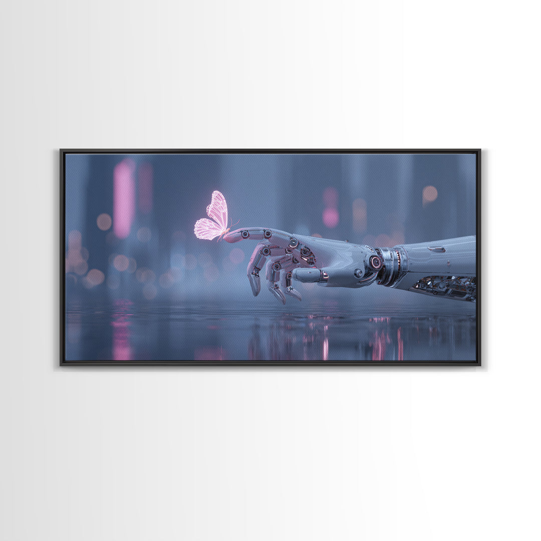 Robotic Hand Holding a Delicate Butterfly Canvas Print, Futuristic Art, Mid Century Modern, Living Room Decor, Fine Art, Future, FUT-2x1-52