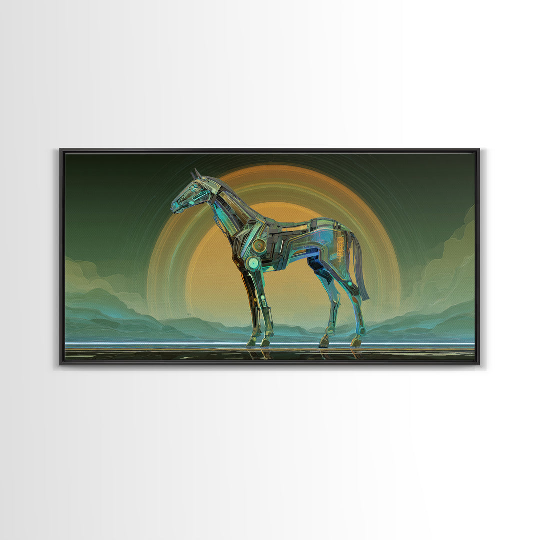 Cybernetic Horse in a Luminous Field Canvas Print, Futuristic Art, Digital Poster, Living Room Decor, Fine Art, Future, FUT-2x1-57