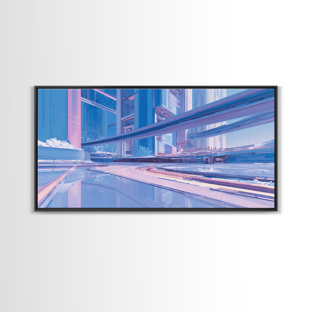 White and Blue Utopian Megastructure Framed Canvas Print, Futuristic Art, Colorful Wall Art, Living Room Decor, Future, FUT-2x1-80