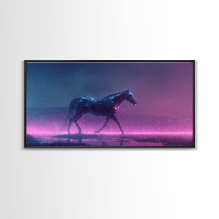 Cybernetic Horse in a Luminous Field Framed Canvas Print, Futuristic Art, Eclectic Home Decor, Living Room Decor, FUT-2x1-81