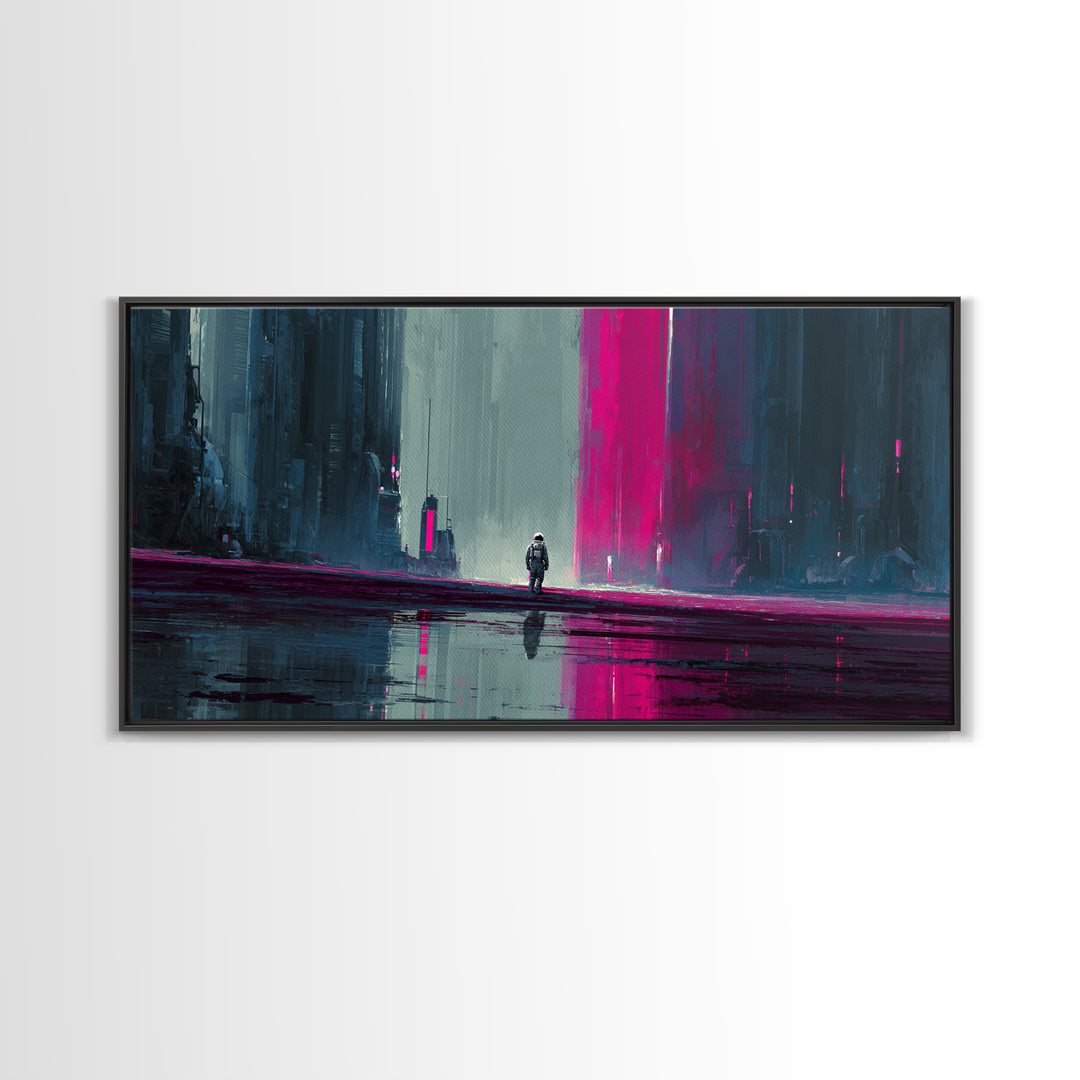 Silver Astronaut Walking Through Neon Desert Framed Canvas Print, Futuristic Art, Modern Decor, Living Room Decor, Future, FUT-2x1-97