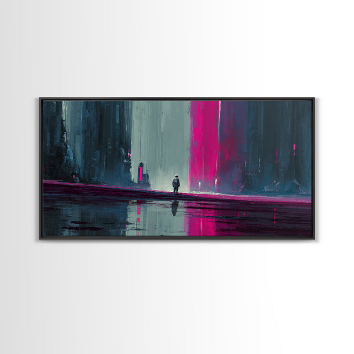 Silver Astronaut Walking Through Neon Desert Framed Canvas Print, Futuristic Art, Modern Decor, Living Room Decor, Future, FUT-2x1-97