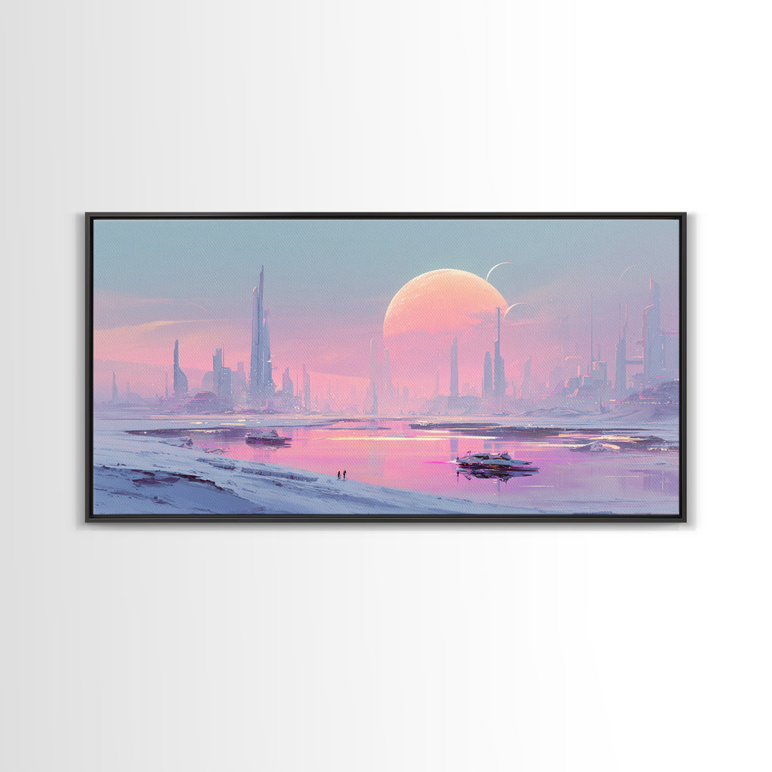 Minimal Spacecraft over a Clean Planet Horizon Canvas Print, Futuristic Art, Contemporary Art, Living Room Decor, Future, FUT-2x1-99