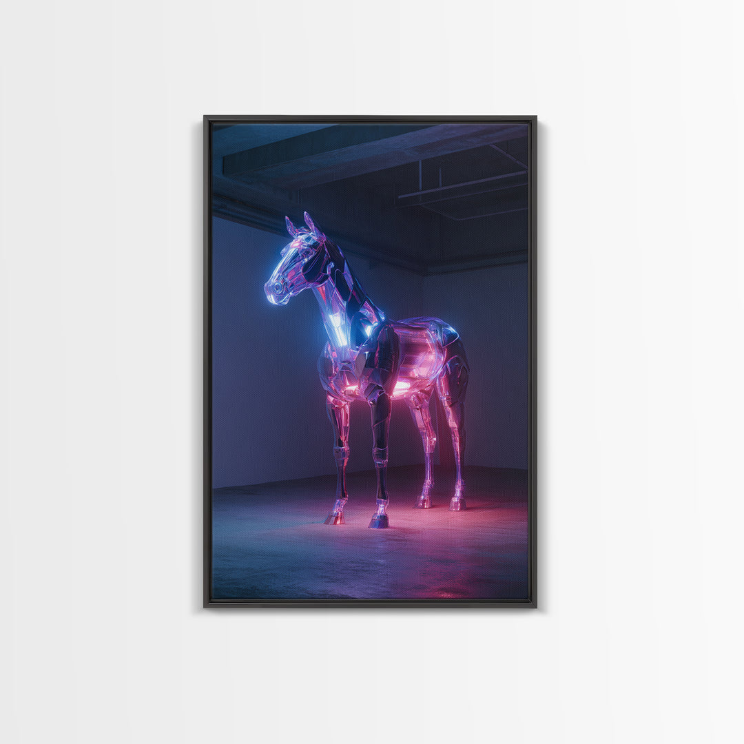 Cybernetic Horse in a Luminous Field Framed Canvas Print, Futuristic Art, Cyberpunk Decor, Living Room Decor, Oil Painting, FUT-2x3-21