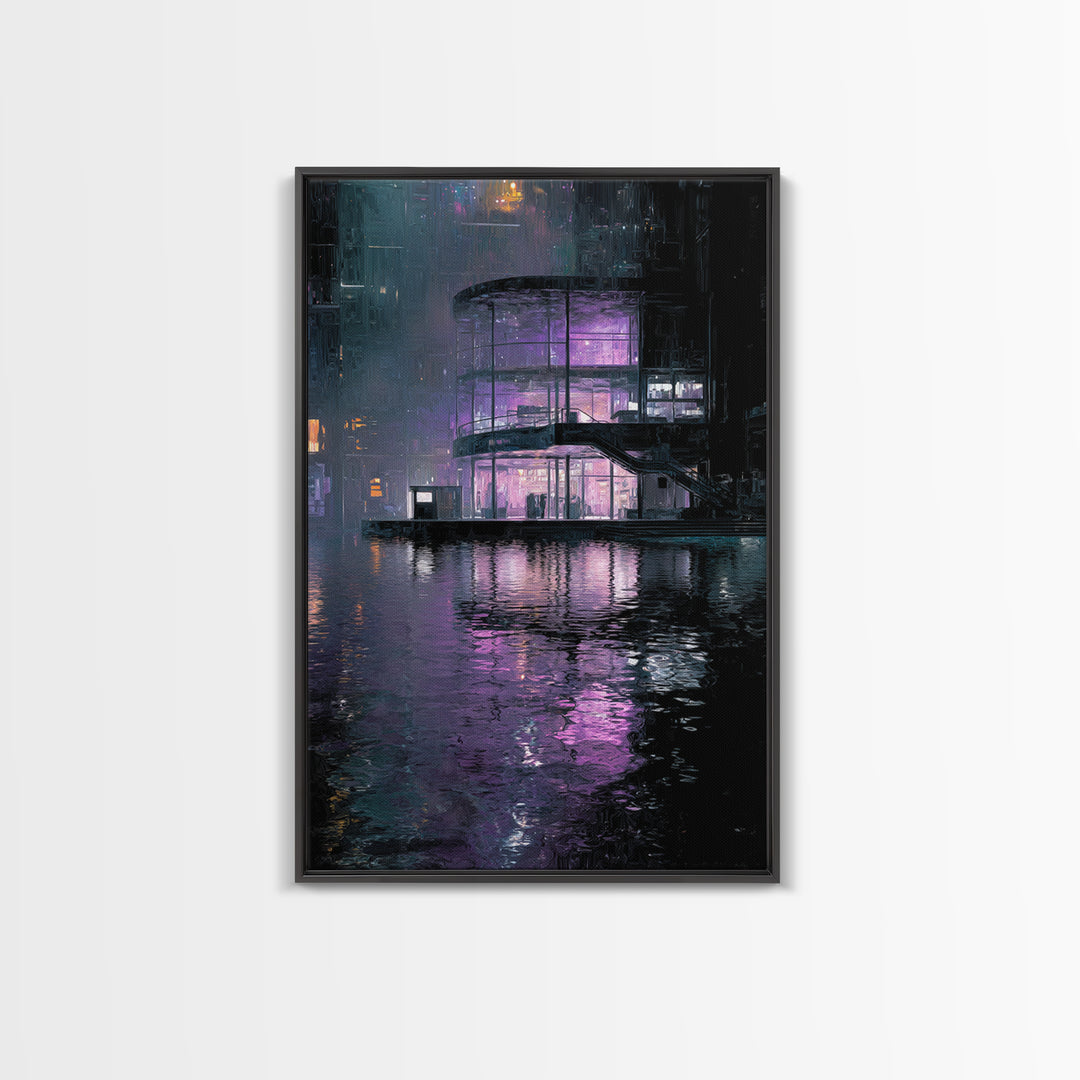 Floating Glass Architecture Above Reflective Water Canvas Print, Futuristic Art, Neutral Decor, Living Room Decor, Future, FUT-2x3-35