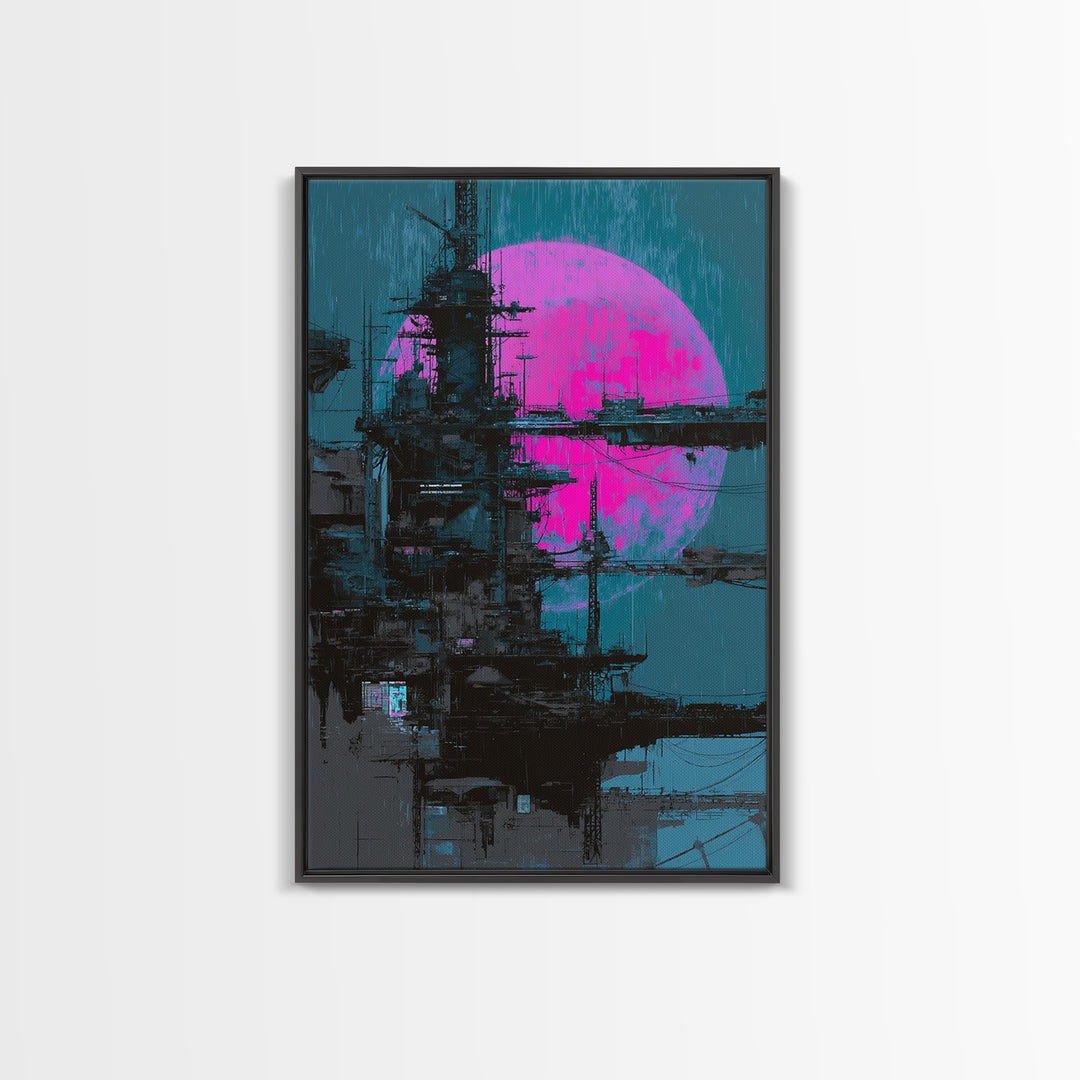 Moon Colony Silhouette Framed Canvas Print, Futuristic Art, Modern Wall Decor, Living Room Decor, Oil Painting, Future, FUT-2x3-53