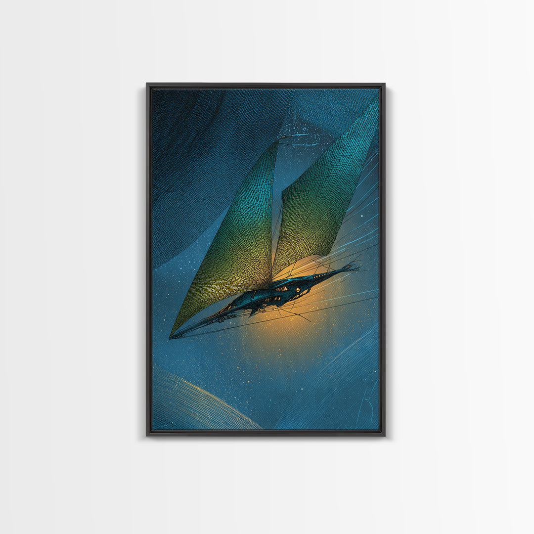 Solar Sail Ship Crossing Star Filled Space Framed Canvas Print, Futuristic Art, Statement Artwork, Living Room Decor, Future, FUT-2x3-73