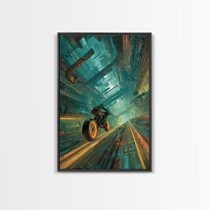 High Speed Hover Bike Trail of Light Framed Canvas Print, Futuristic Art, Room Decor, Living Room Decor, Fine Art, Future, FUT-2x3-76