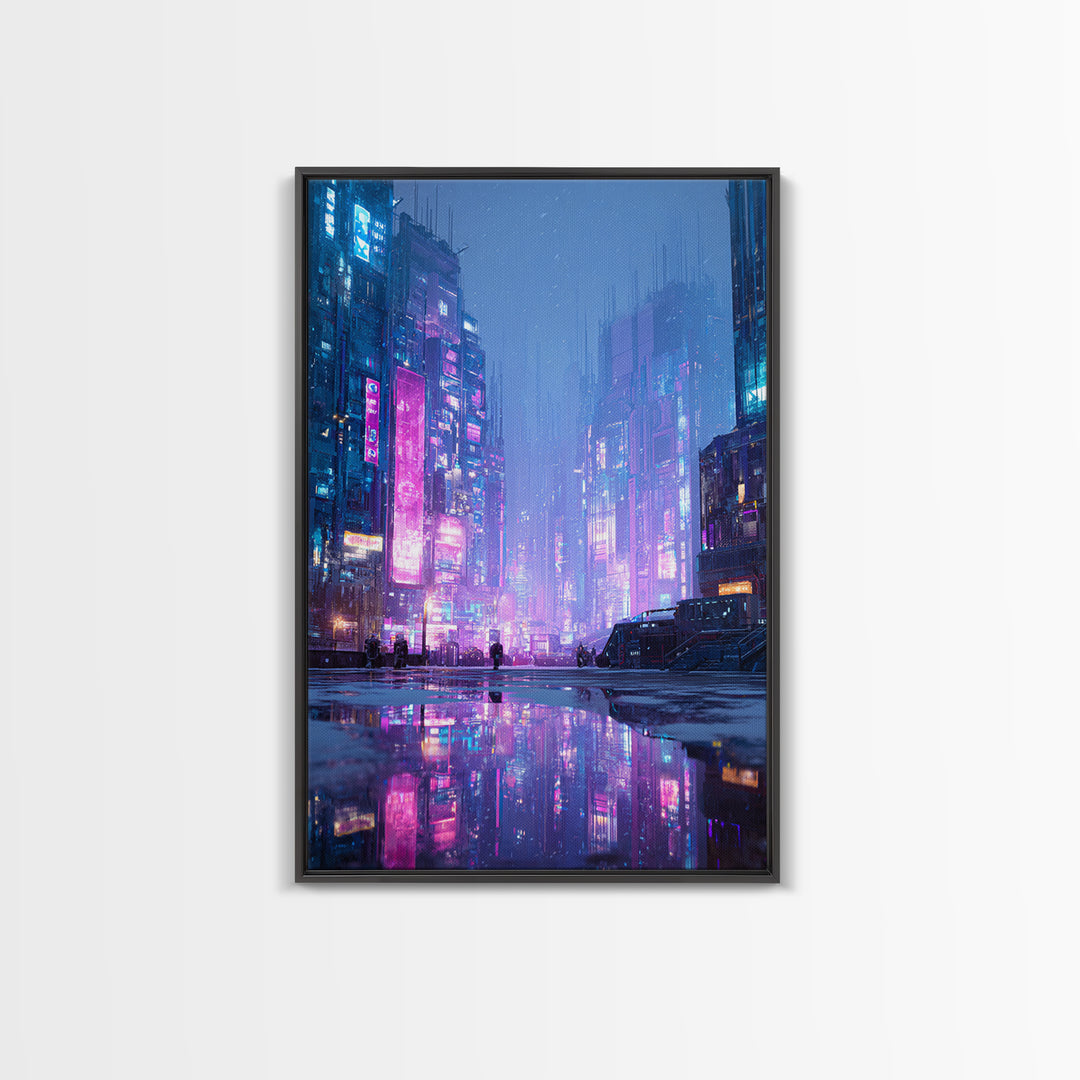 Digital Aurora Above a Clean White City Framed Canvas Print, Futuristic Art, Digital Art, Living Room Decor, Oil Painting, FUT-2x3-8