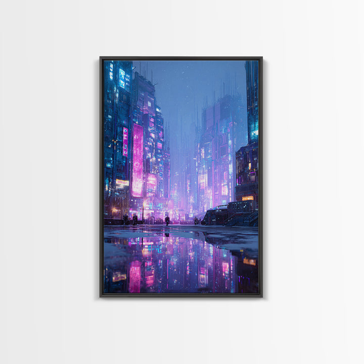 Digital Aurora Above a Clean White City Framed Canvas Print, Futuristic Art, Digital Art, Living Room Decor, Oil Painting, FUT-2x3-8