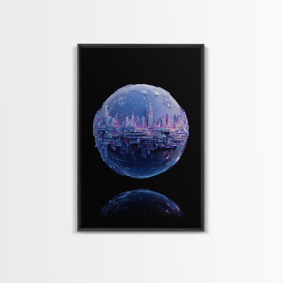 Orbital City Ring Around a Blue Planet Framed Canvas Print, Futuristic Art, Unique Home Decor, Living Room Decor, Future, FUT-2x3-90