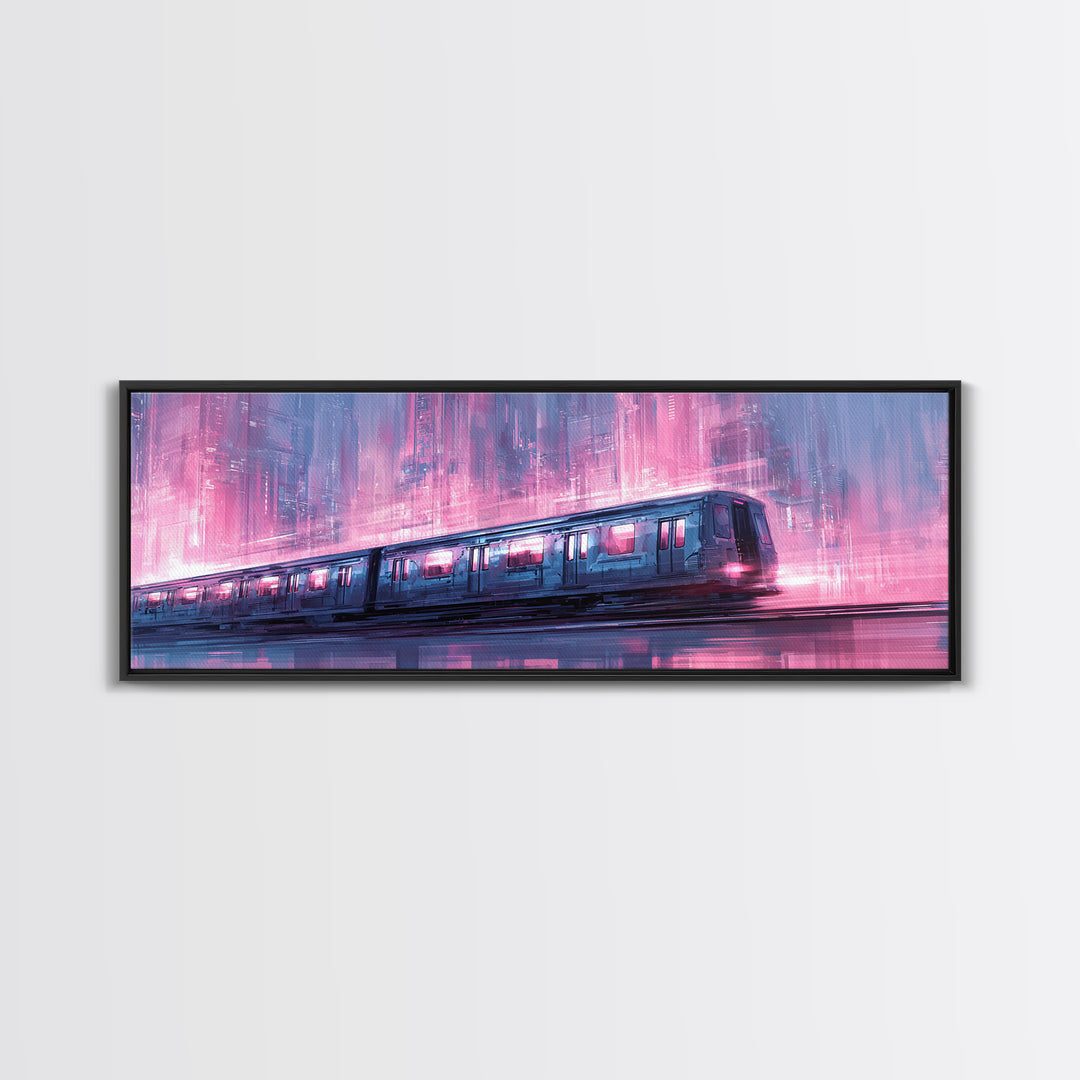 Transparent Train Speeding Through Light Tunnels Framed Canvas Print, Futuristic Art, Art Print, Living Room Decor, Future, FUT-3x1-27