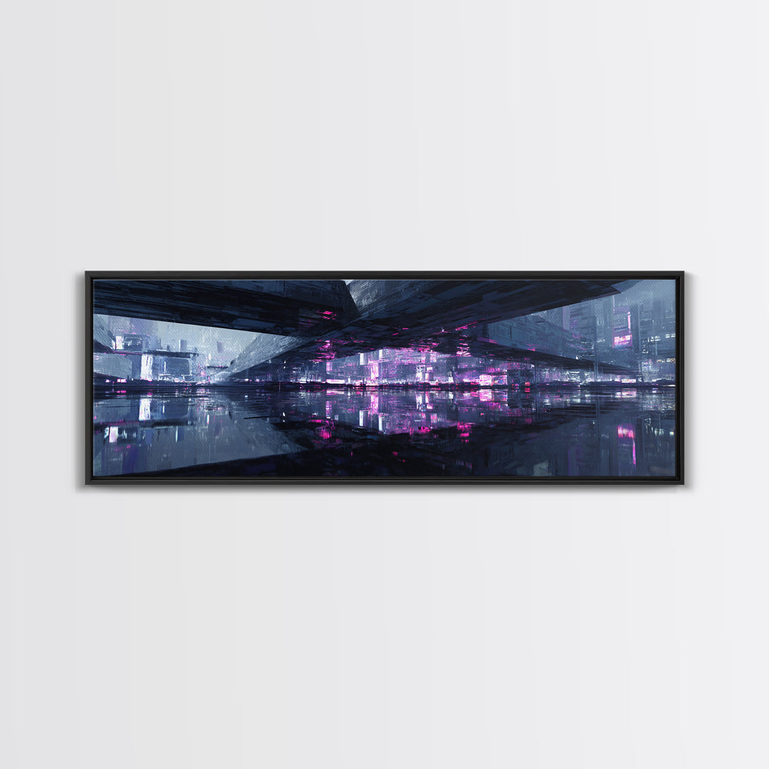 Floating Glass Architecture Above Reflective Water Canvas Print, Futuristic Art, Unique Wall Art, Living Room Decor, Future, FUT-3x1-43