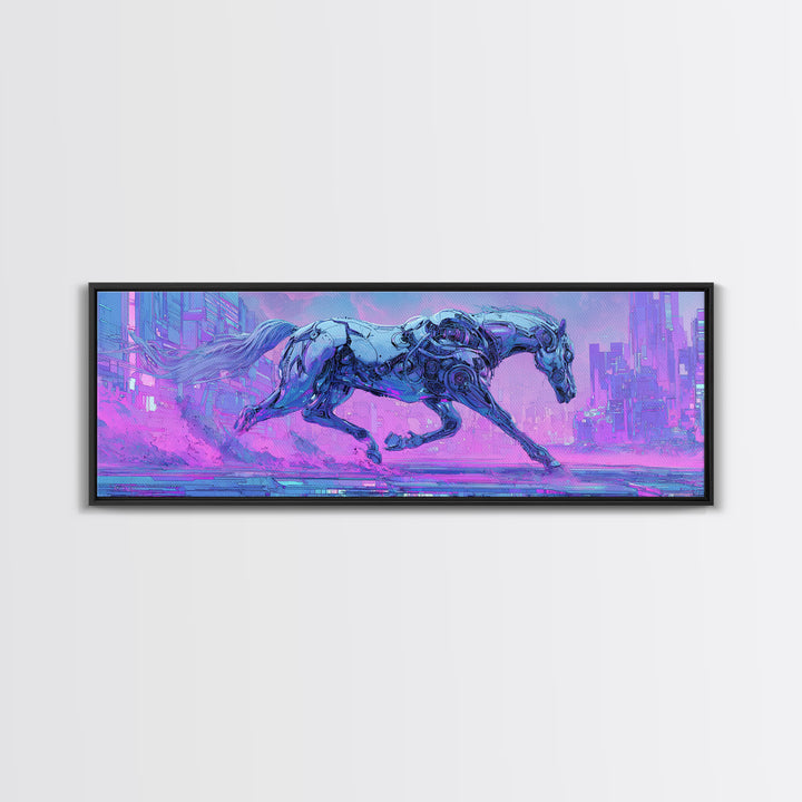 Cybernetic Horse in a Luminous Field Framed Canvas Print, Futuristic Art, Eclectic Home Decor, Living Room Decor, FUT-3x1-5
