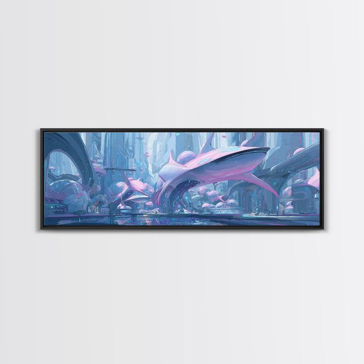 Future Ocean Lab Framed Canvas Print, Futuristic Art, Ai Art, Living Room Decor, Oil Painting, Future, Digital Poster, FUT-3x1-55