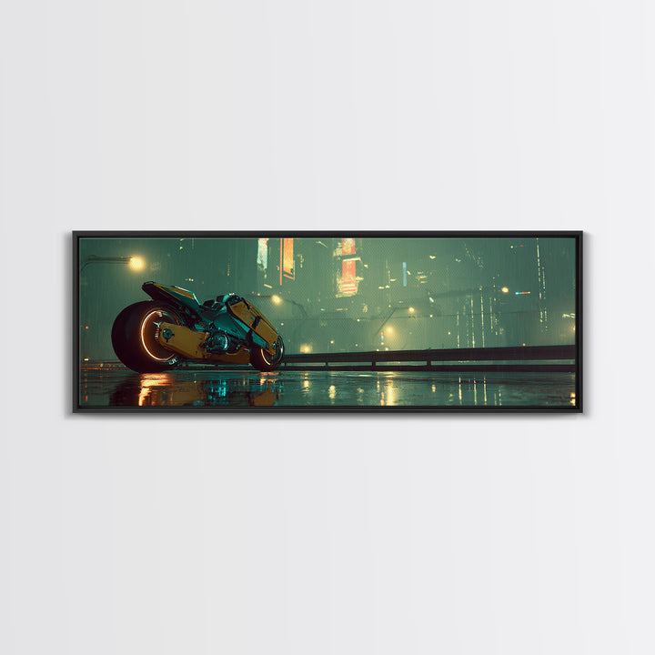 High Speed Hover Bike Trail of Light Framed Canvas Print, Futuristic Art, Textured Painting, Living Room Decor, Future, FUT-3x1-60