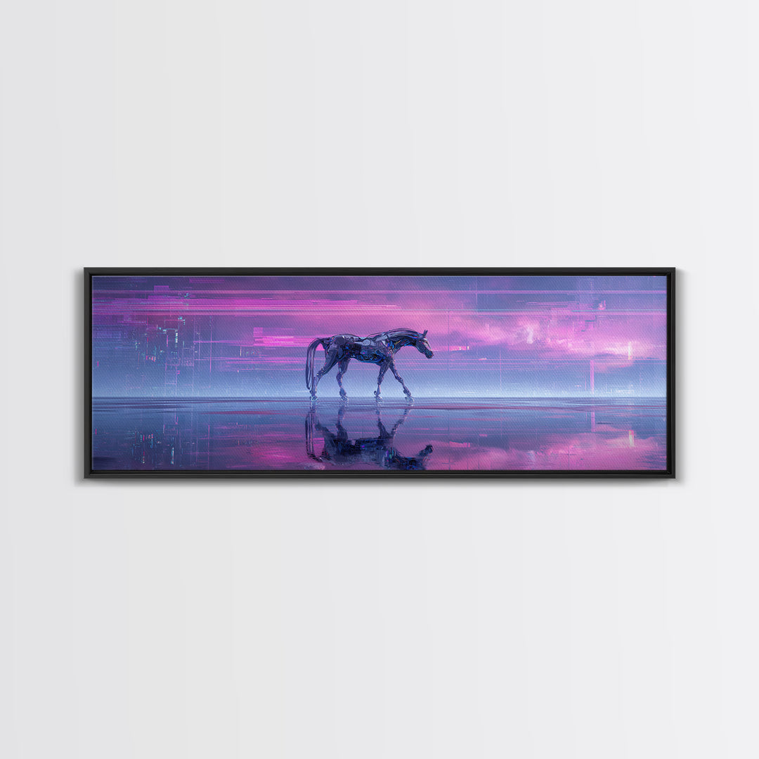 Cybernetic Horse in a Luminous Field Framed Canvas Print, Futuristic Art, Minimalist Decor, Living Room Decor, Fine Art, Future, FUT-3x1-77