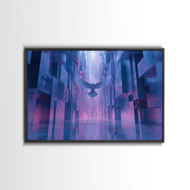 Futurist Bird Made of Panels and Light Framed Canvas Print, Futuristic Art, Steampunk Decor, Living Room Decor, Future, FUT-3x2-2