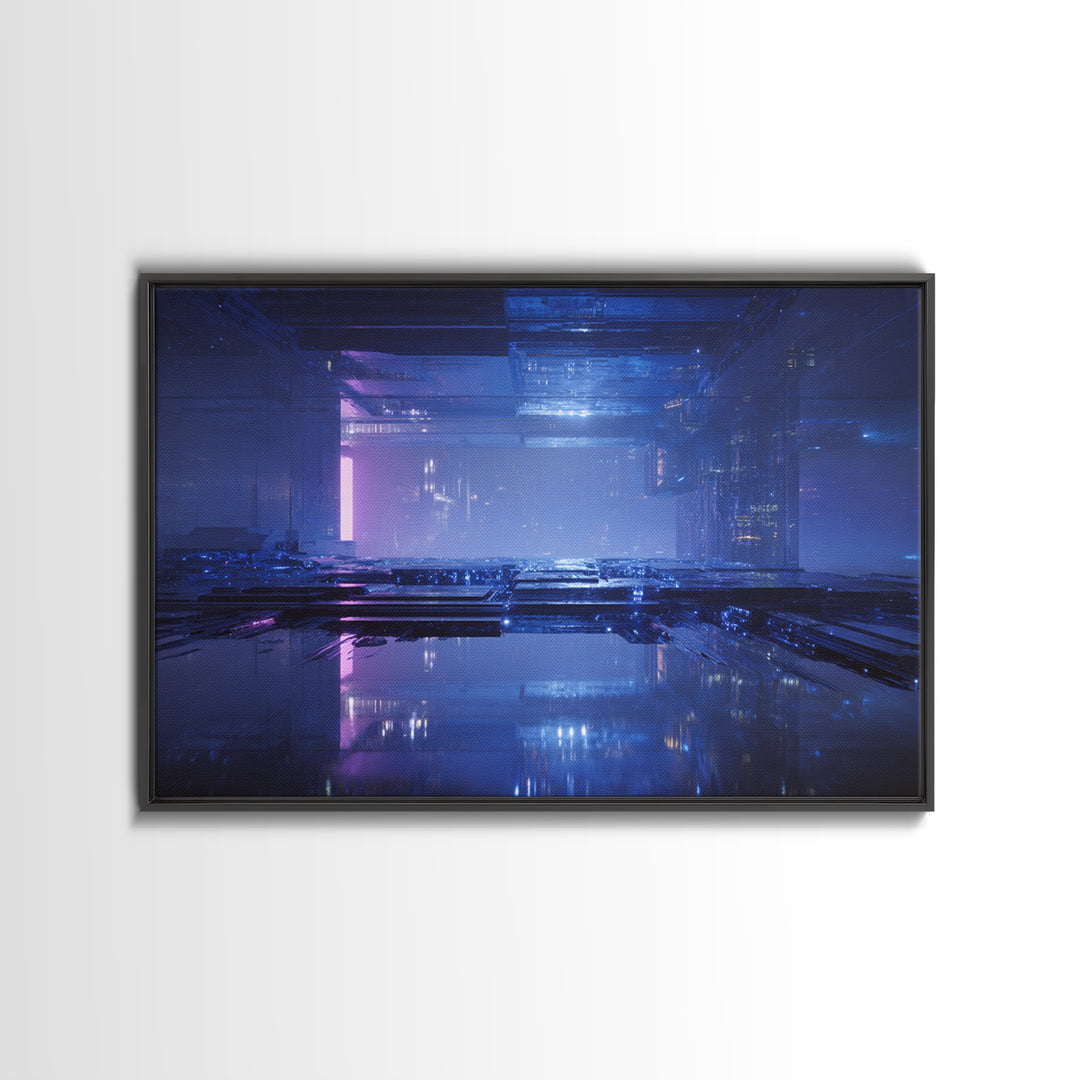White and Blue Utopian Megastructure Framed Canvas Print, Futuristic Art, Mid Century Modern, Living Room Decor, Oil Painting, FUT-3x2-40