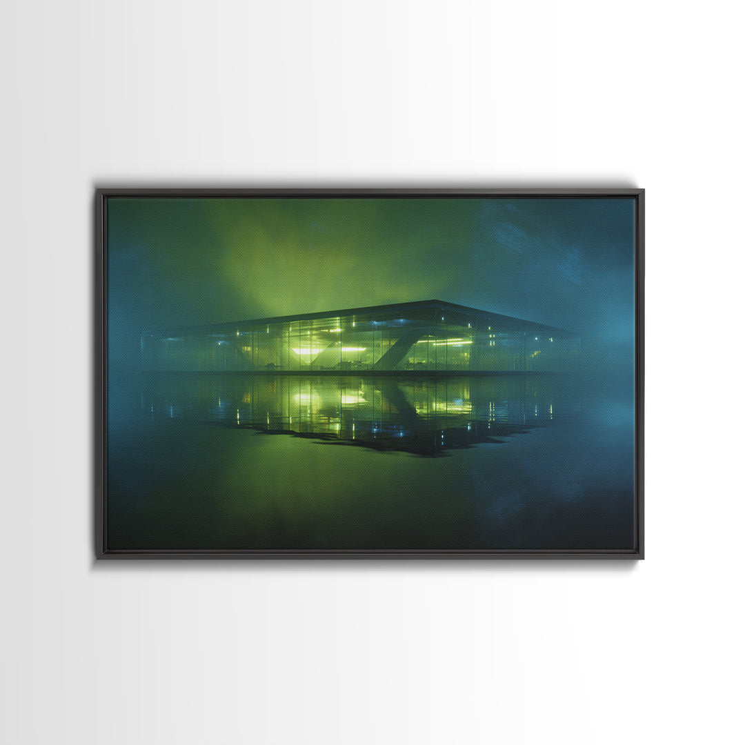 Floating Glass Architecture Above Reflective Water Canvas Print, Futuristic Art, Luxury Decor, Living Room Decor, Future, FUT-3x2-55