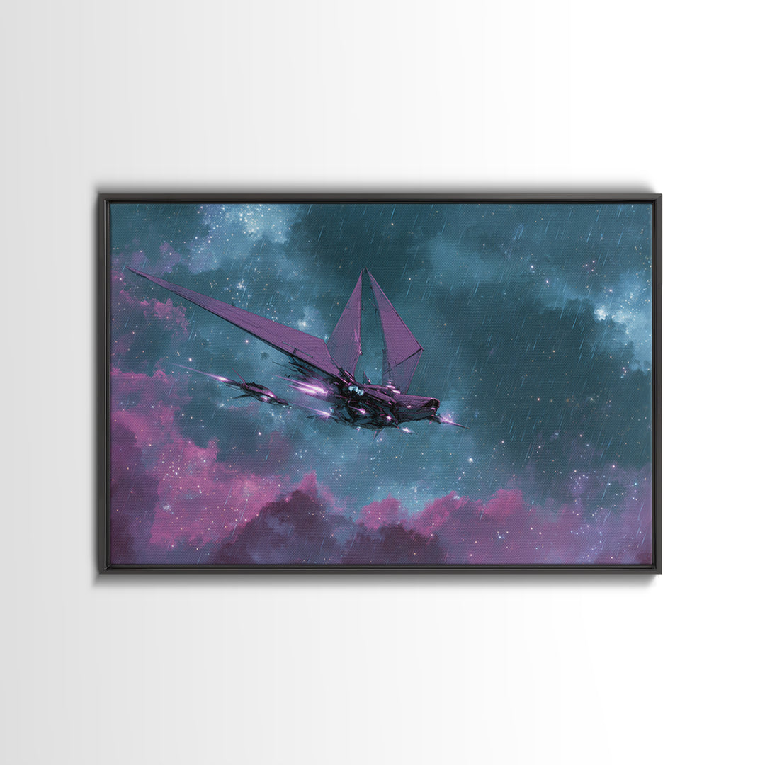 Solar Sail Ship Crossing Star Filled Space Framed Canvas Print, Futuristic Art, Digital Art, Living Room Decor, Future, FUT-3x2-69