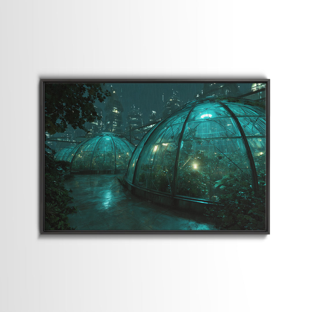 Futuristic Botanical Greenhouse Framed Canvas Print, Futuristic Art, Neutral Decor, Living Room Decor, Fine Art, Future, FUT-3x2-70