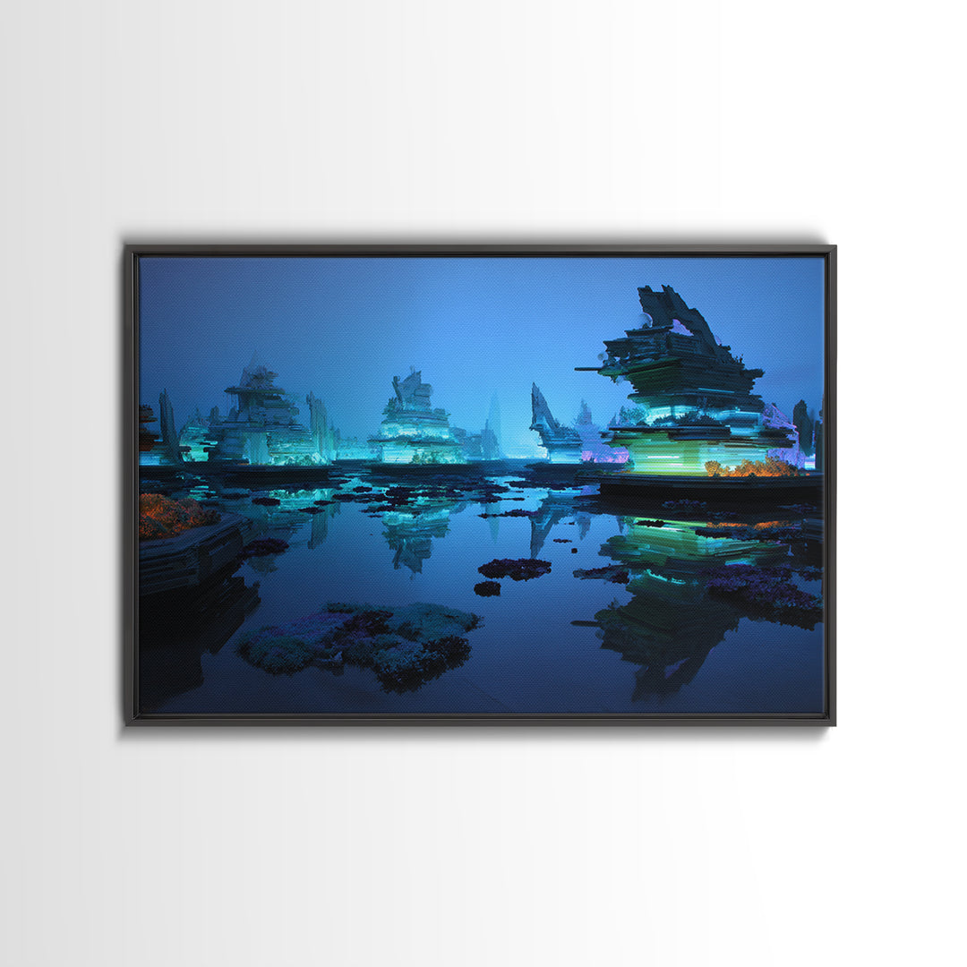 Bioluminescent Garden in a Future Habitat Framed Canvas Print, Futuristic Art, Minimalist Decor, Living Room Decor, Future, FUT-3x2-8