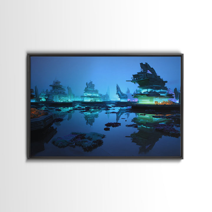 Bioluminescent Garden in a Future Habitat Framed Canvas Print, Futuristic Art, Minimalist Decor, Living Room Decor, Future, FUT-3x2-8