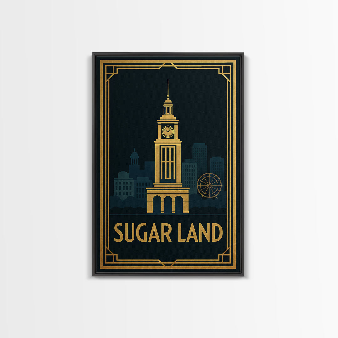 Sugar Land Travel Poster, Canvas Print, Black Gold City Wall Art, Sugar Land Art Print, Retro Travel Print, Watercolor Downtown Skyline