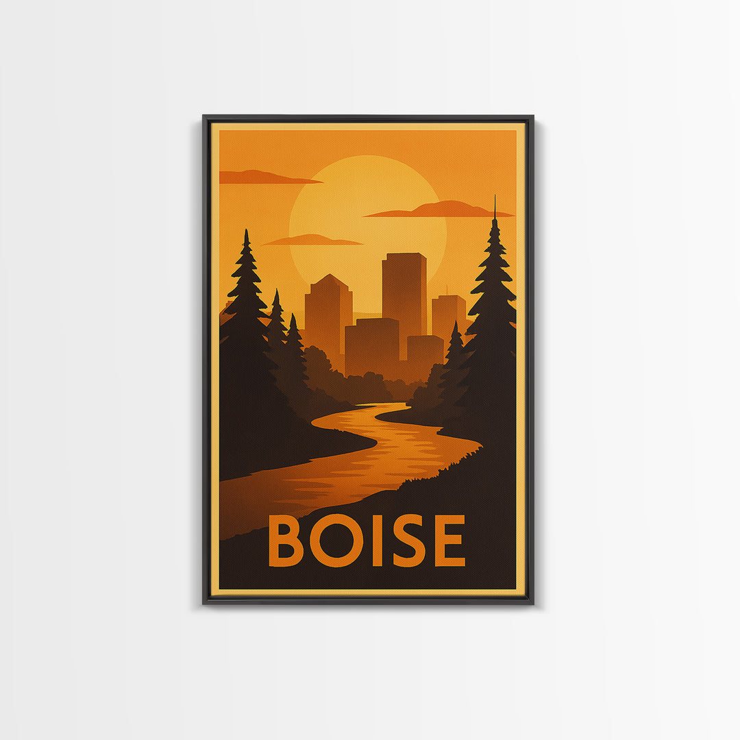 Boise Travel Poster, Canvas Print, Gold Art Deco Poster Art, Boise Wall Art, City Illustration, City Art Print, Gift For Travelers