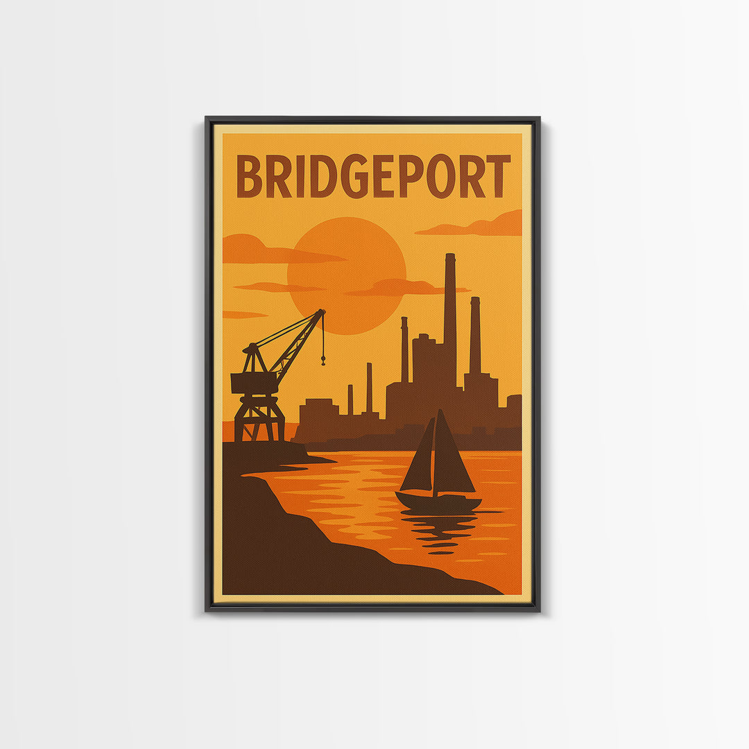 Bridgeport Connecticut Travel Poster, Canvas Print, Warm Sunset Silhouette Art, Bridgeport City Art, Travel Print, Watercolor Skyline Art