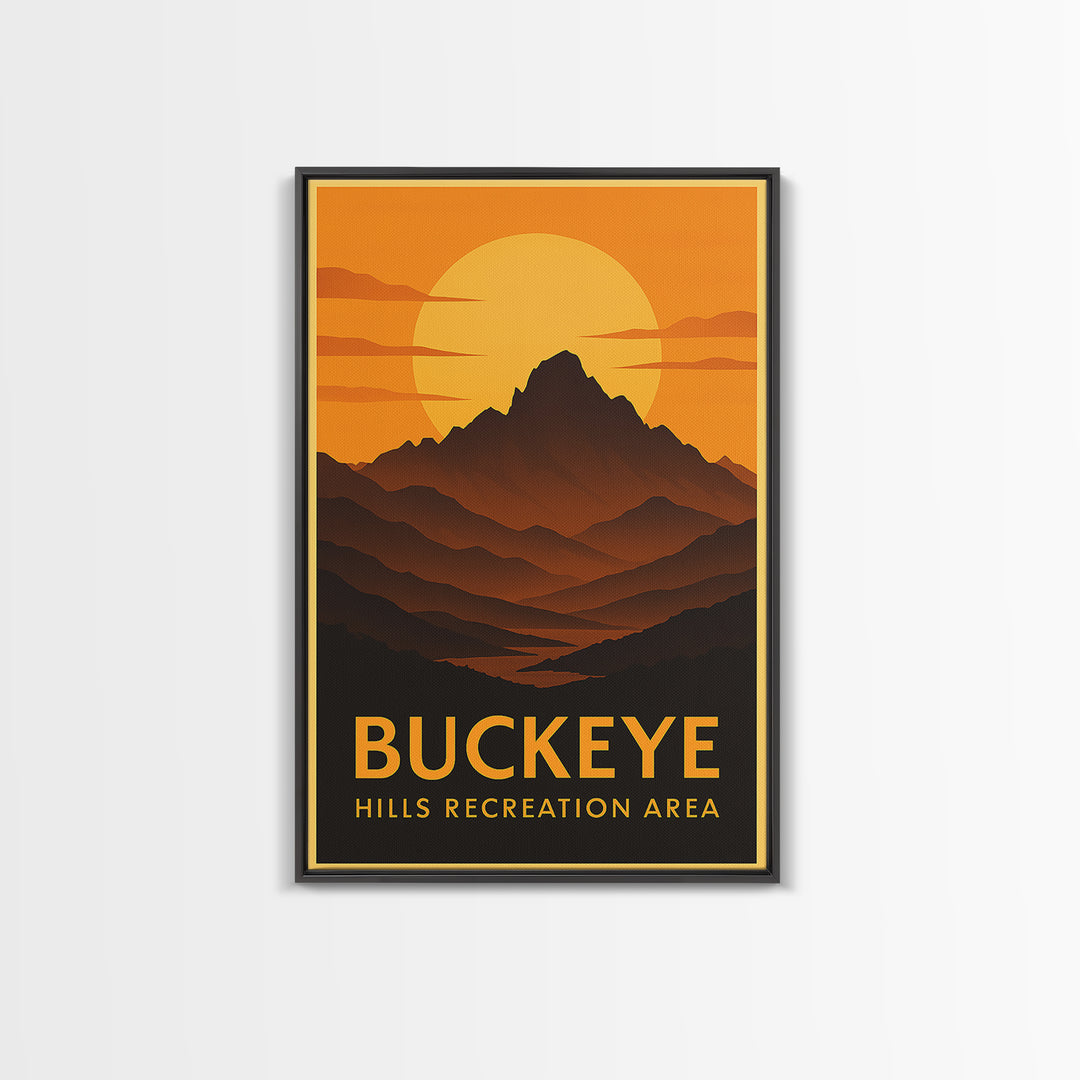 Buckeye Travel Poster, Canvas Print, Warm Sunset Silhouette Art, Buckeye Travel Art, Travel Wall Art, Eclectic Wall Decor, City Art Print
