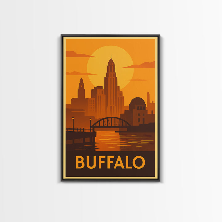 Buffalo Travel Poster, Framed Canvas Print, Golden Travel Poster Art, Buffalo Travel Art, Home Office Decor, Watercolor Skyline