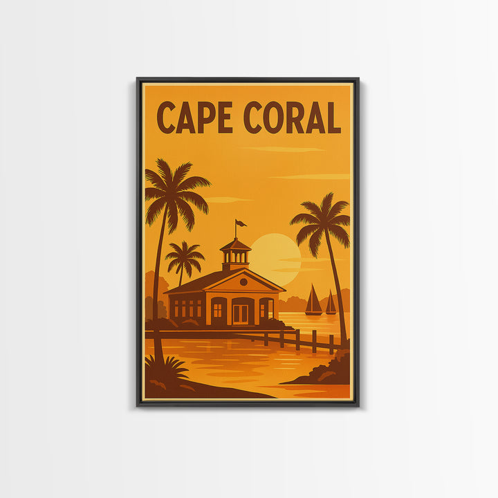 Cape Coral Florida Travel Poster, Framed Canvas Print, Golden Travel Poster Art, Cape Coral City Art, Wanderlust Decor, Eclectic Wall Decor