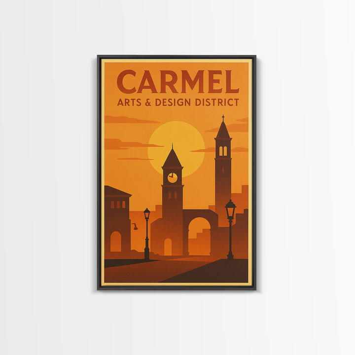 Carmel Indiana Travel Poster, Canvas Print, Warm Sunset Silhouette Art, Carmel Art Print, Fine Art Print, Wall Decor, Travel Poster Set