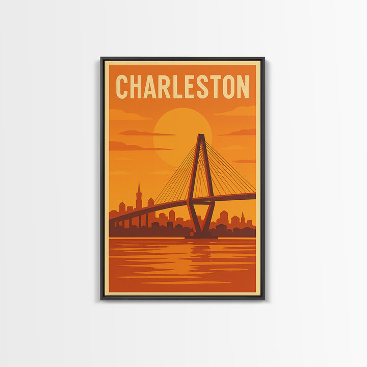 Charleston South Carolina Travel Poster, Canvas Print, Warm Sunset Silhouette Art, Charleston City Art, Fine Art Print, Travel Poster Art