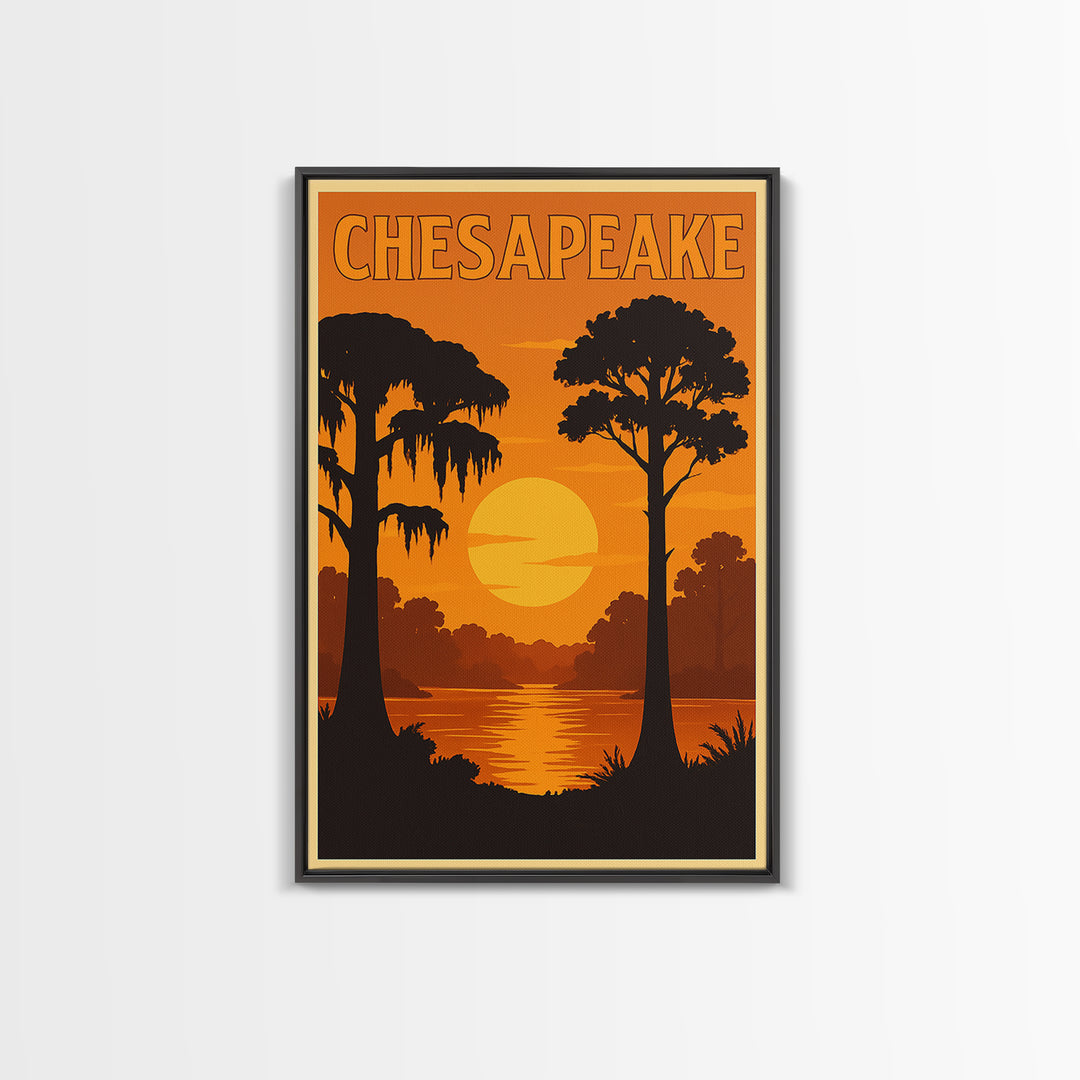 Chesapeake Virginia Travel Poster, Canvas Print, Warm Sunset Silhouette Art, Chesapeake Wall Art, City Travel Prints, Vintage City Poster