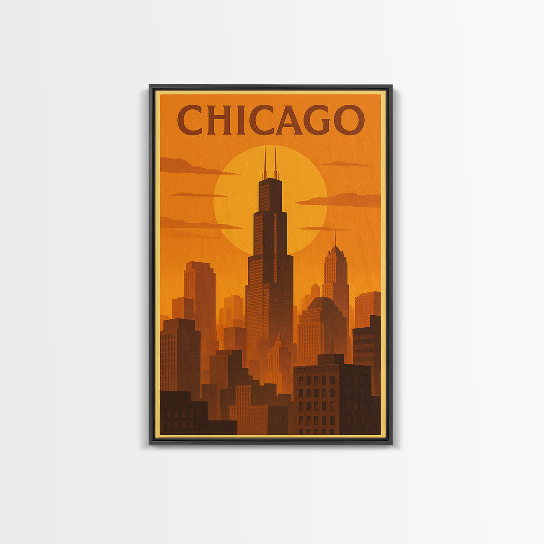 Chicago Illinois Travel Poster, Canvas Print, Warm Sunset Silhouette Art, Chicago Poster Print, Travel Print, Travel Wall Art, Home Decor