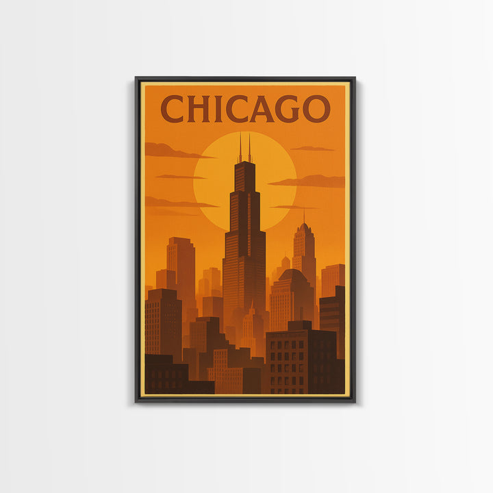 Chicago Illinois Travel Poster, Canvas Print, Warm Sunset Silhouette Art, Chicago Poster Print, Travel Print, Travel Wall Art, Home Decor