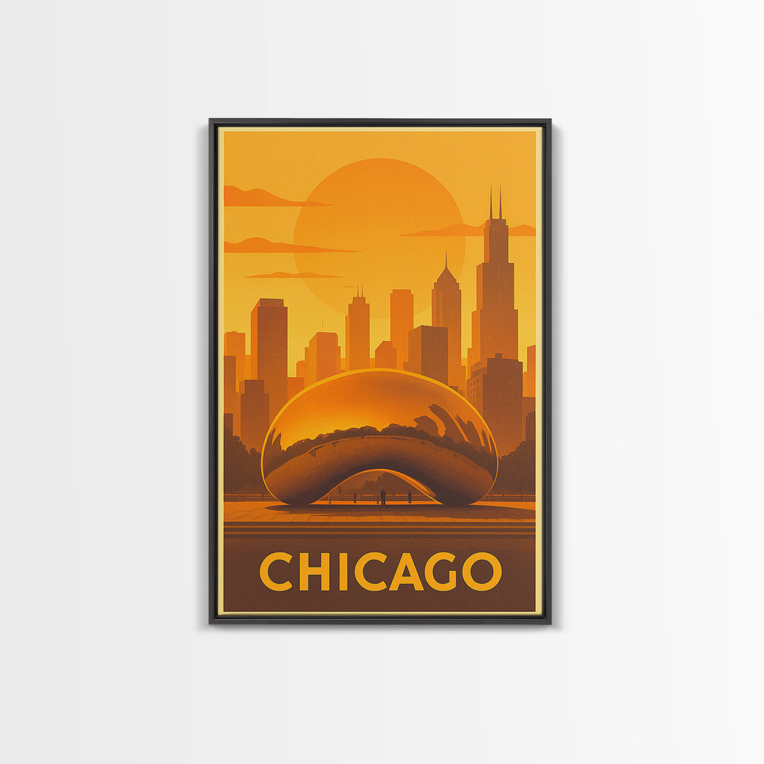 Chicago Travel Poster, Framed Canvas Print, Warm Sunset Silhouette Art, Chicago Poster Print, Modern Wall Decor, Travel Wall Decor