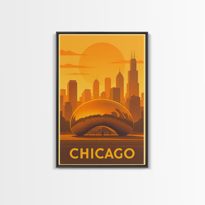Chicago Travel Poster, Framed Canvas Print, Warm Sunset Silhouette Art, Chicago Poster Print, Modern Wall Decor, Travel Wall Decor