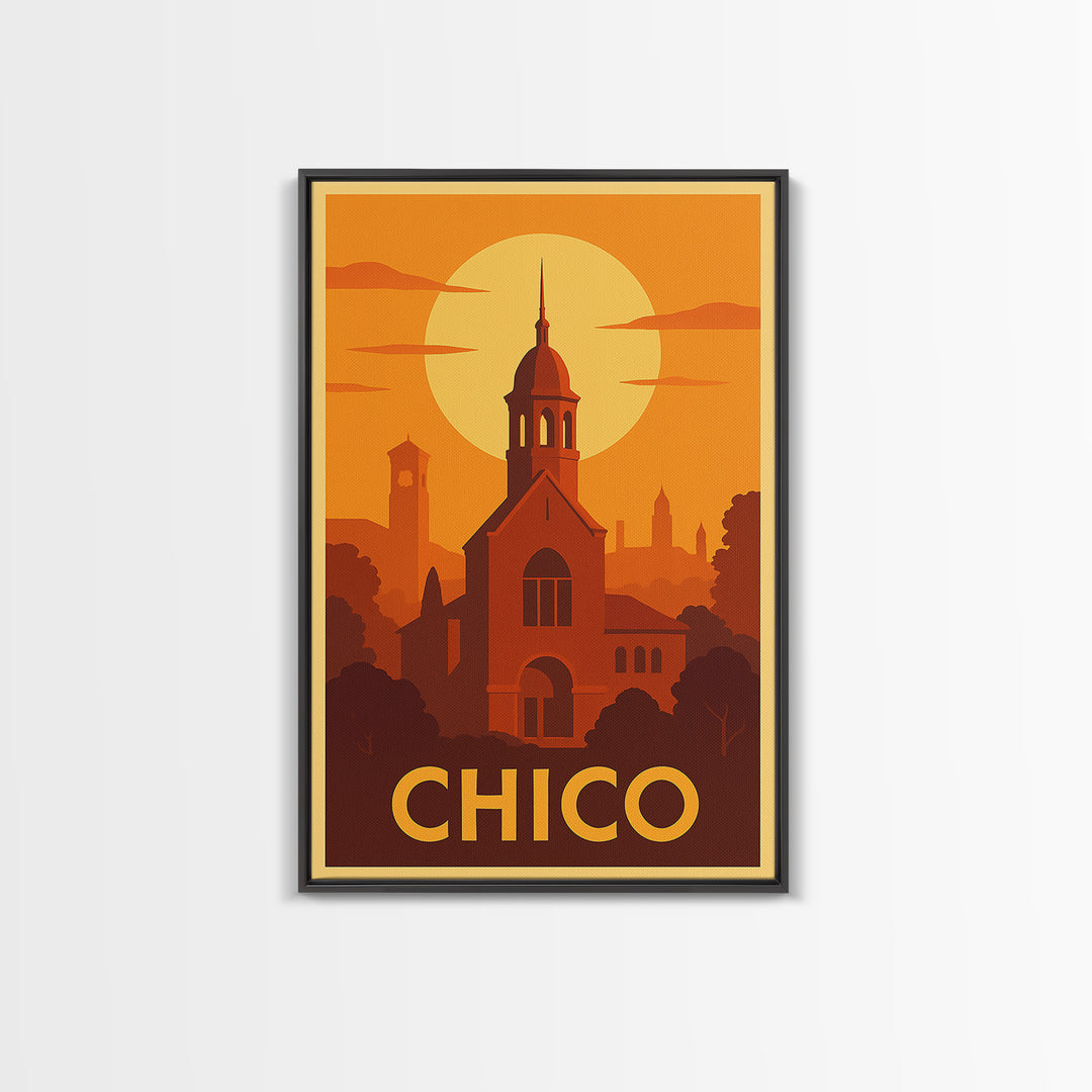 Chico Travel Poster, Framed Canvas Print, Vintage Deco Wall Art, Chico Poster Print, Gift For Travelers, City Illustration, Retro Poster