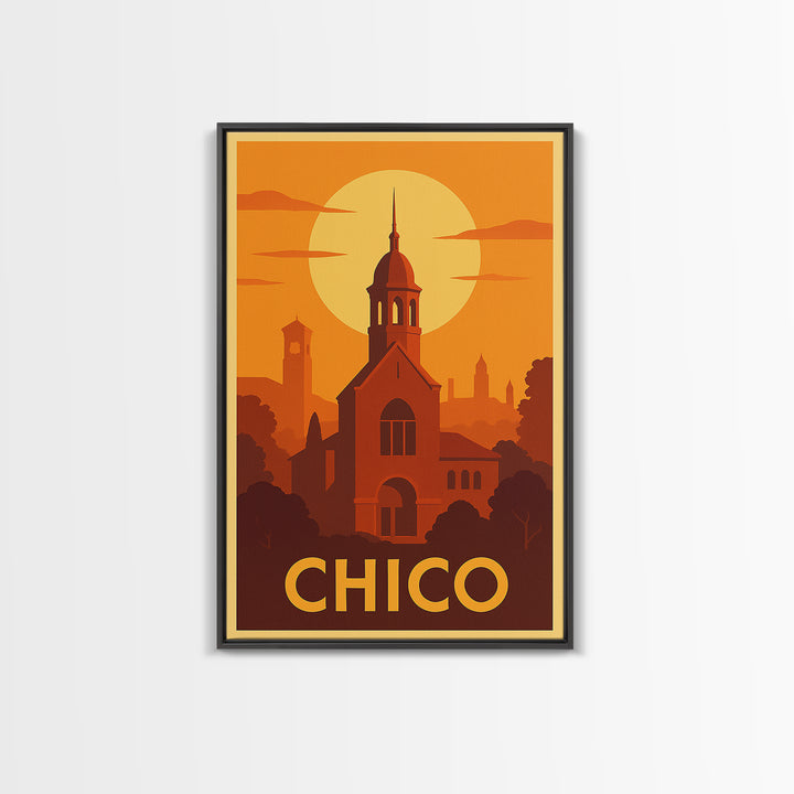 Chico Travel Poster, Framed Canvas Print, Vintage Deco Wall Art, Chico Poster Print, Gift For Travelers, City Illustration, Retro Poster