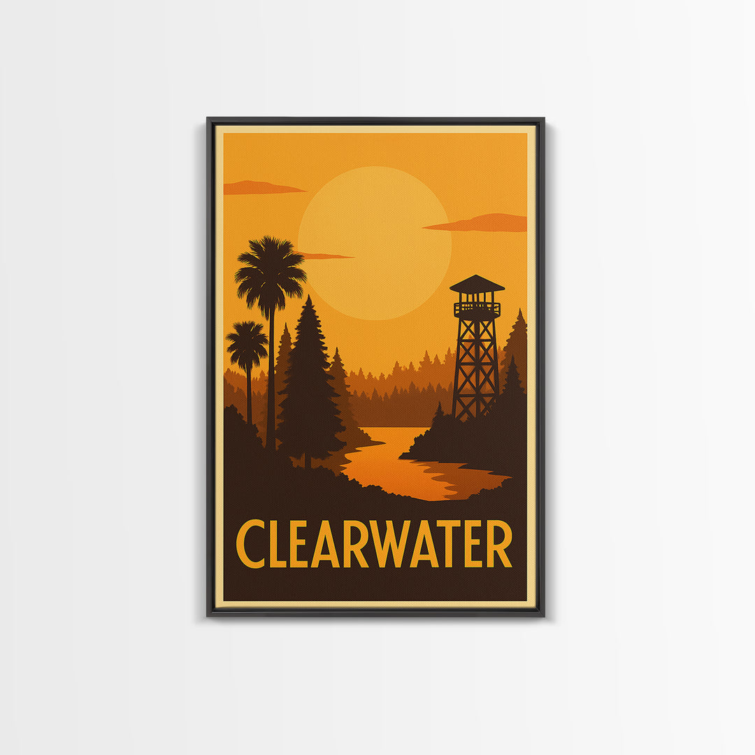 Clearwater Travel Poster, Framed Canvas Print, Golden Travel Poster Art, Clearwater City Art, City Travel Prints, Travel Poster Art