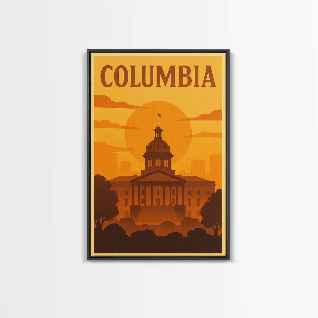 Columbia South Carolina Travel Poster, Canvas Print, Warm Sunset Silhouette Art, Columbia Poster Print, Wall Decor, Watercolor Cityscape