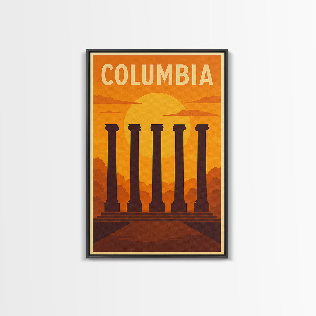 Columbia Travel Poster, Framed Canvas Print, Gold Art Deco Poster Art, Columbia Travel Art, Vintage Travel Art, Travel Art Print