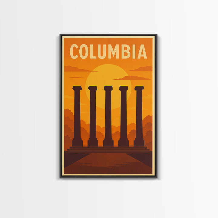 Columbia Travel Poster, Framed Canvas Print, Gold Art Deco Poster Art, Columbia Travel Art, Vintage Travel Art, Travel Art Print