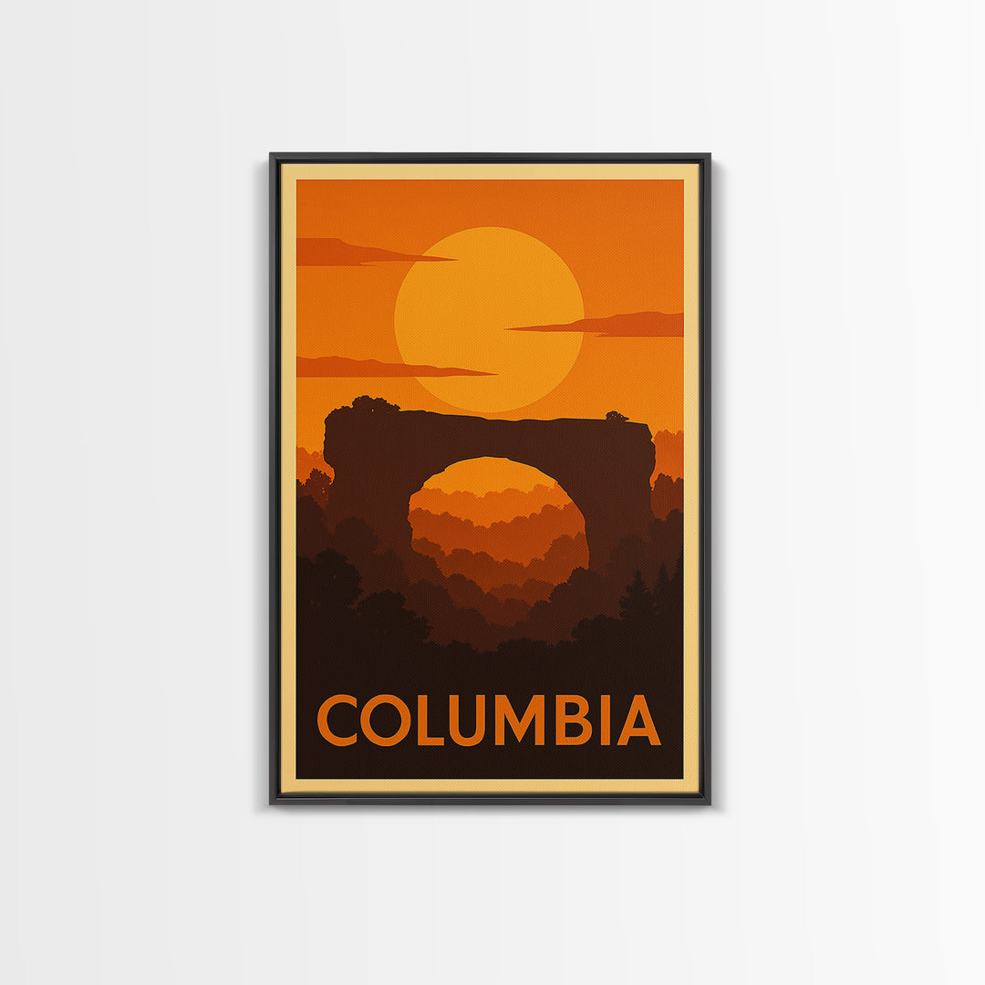 Columbia Travel Poster, Canvas Print, Warm Sunset Silhouette Art, Columbia City Art, Retro Travel Print, Eclectic Wall Decor, Wall Art