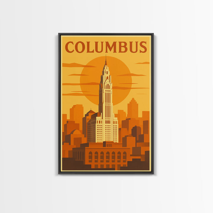 Columbus Travel Poster, Framed Canvas Print, Golden Travel Poster Art, Columbus Travel Art, Wanderlust Decor, City Illustration